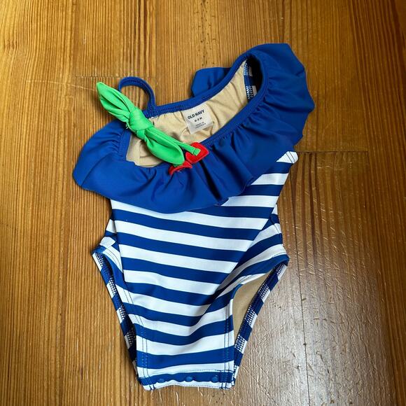 Old Navy white blue striped cherry ruffle one piece swimsuit SIZE 0-3M - Picture 3 of 4